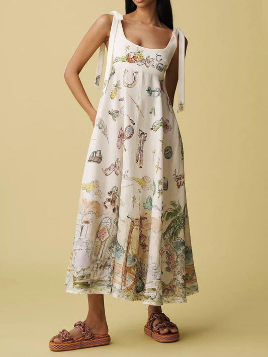 Linen Painted Ballet Tie Midi Dress