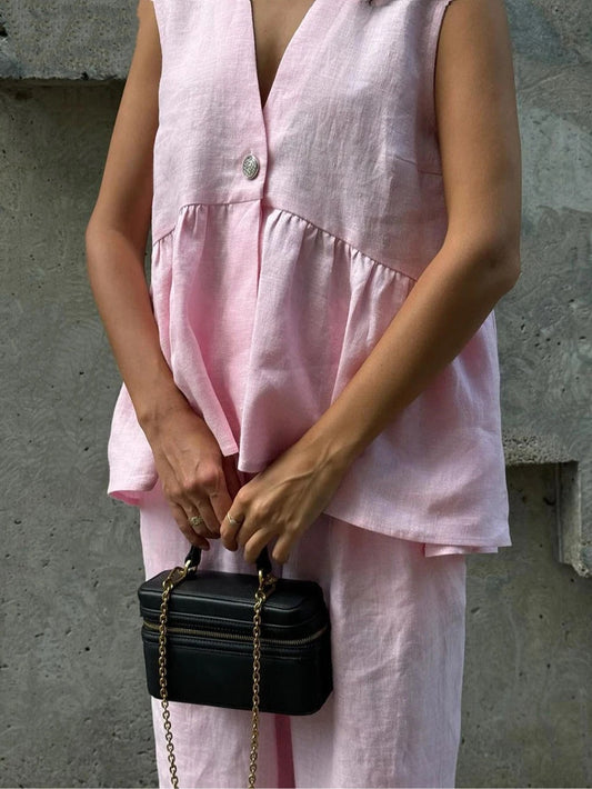 Cotton and linen V-neck ruffled two-piece suit