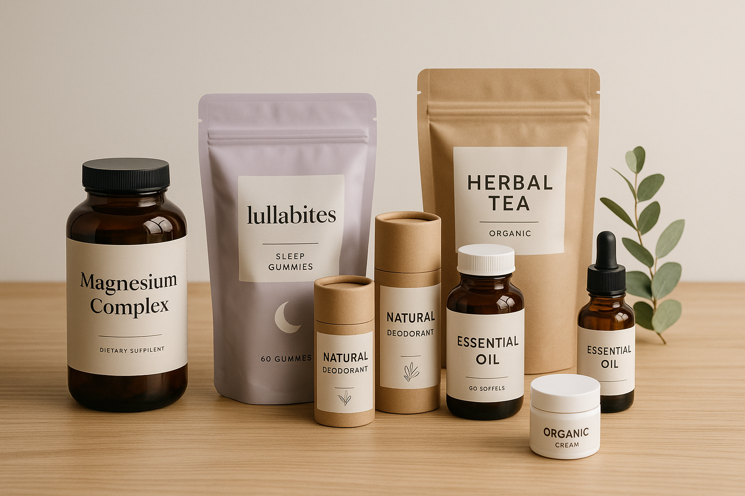 necessito que me generes una imagen de una mesa con productos de salud como el magnesium complex, lullabites, deos etc